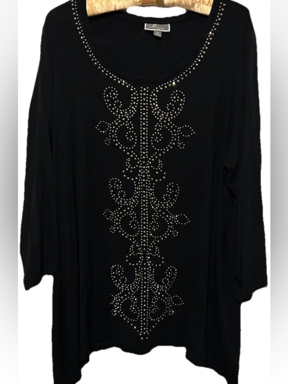 JM Collection Top 1X Black Stretch Knit Studded Whimsigoth Trapeze Hem Shirt